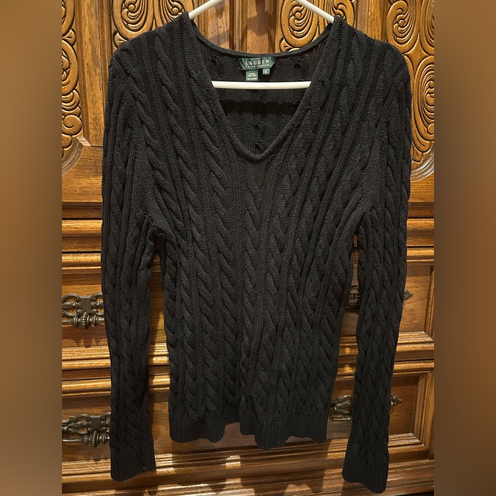 Vintage Lauren Ralph Lauren Black V-Neck Cable Knit Sweater
